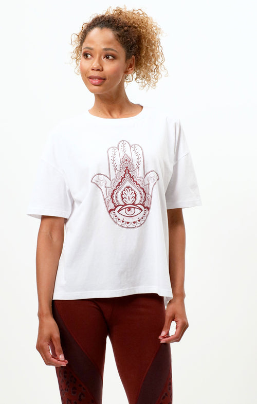 | color:white |yoga tshirt hamsa hand white